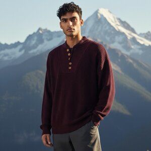 Vtg Eddie Bauer Men Henley Pullover Knit Sweater XL Burgundy Fisherman Outdoor